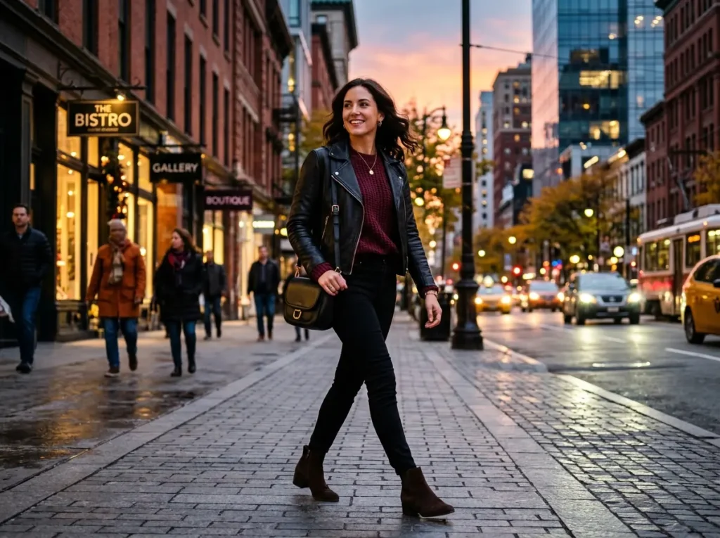 Woman wearing a leather jacket with black jeans for a modern evening outfit
