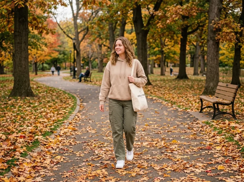 Woman wearing a beige oversized hoodie with olive cargo pants and white sneakers during the fall season