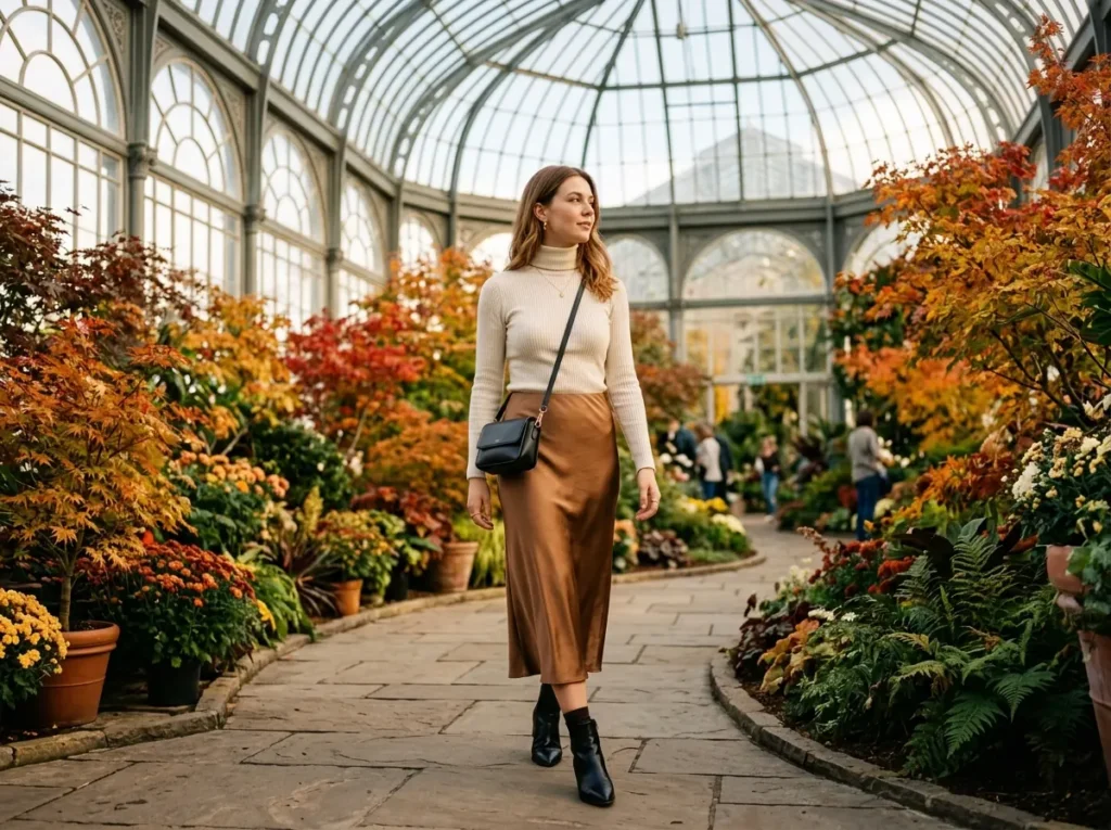 Woman wearing a black turtleneck with a satin midi skirt and ankle boots