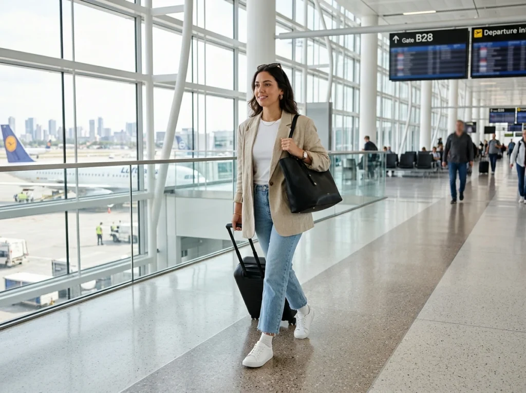Woman wearing an oversized blazer with straight-leg jeans for airport travel.