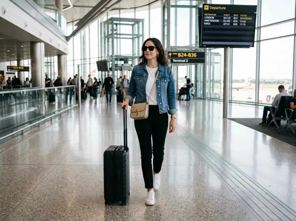 Woman in a denim jacket, white T-shirt, black trousers, and white sneakers at the airport.
