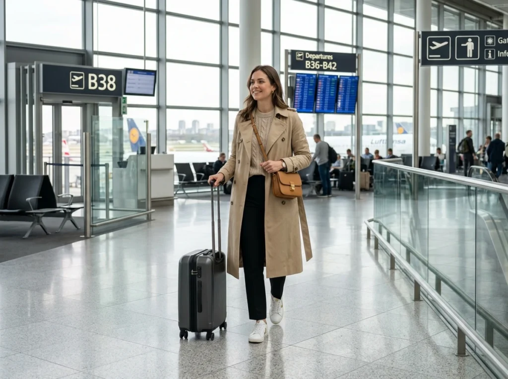 Woman wearing a beige trench coat with black trousers at a modern airport.