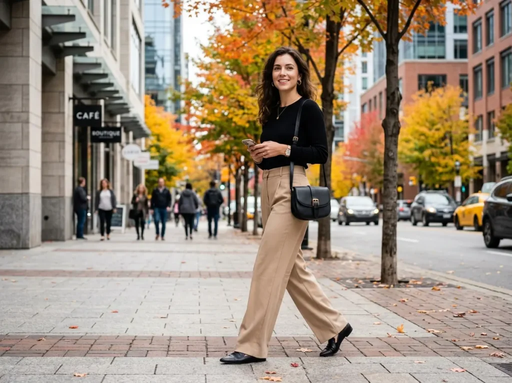 Wide-leg trousers paired with a fitted top for a polished autumn outfit.