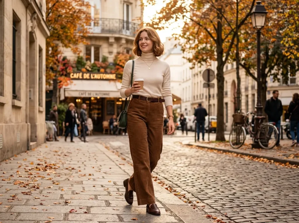 Brown corduroy pants styled with a fitted turtleneck sweater for fall.
