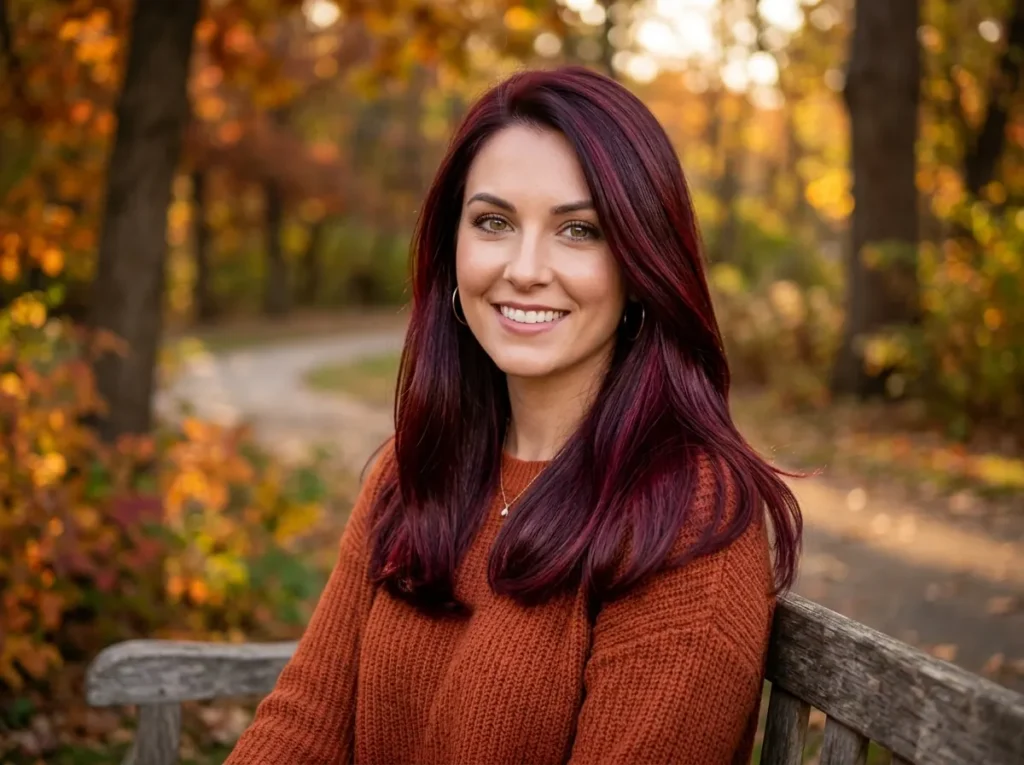 Fall Hair Color Trends 2026 featuring a burgundy brunette hairstyle with deep wine-red highlights.