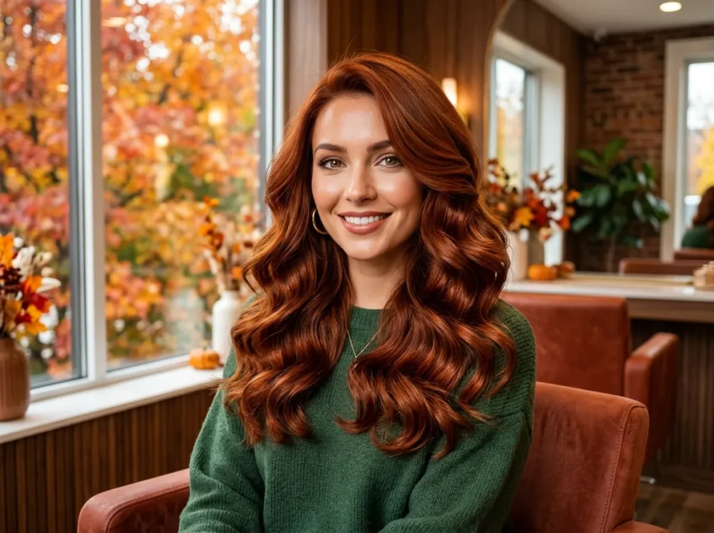 Deep copper hairstyle with rich warm tones and glossy finish.