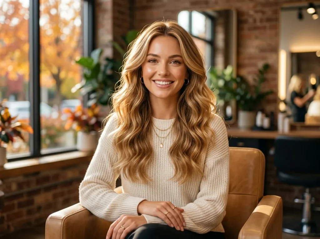 Honey blonde hairstyle with soft golden waves and natural shine