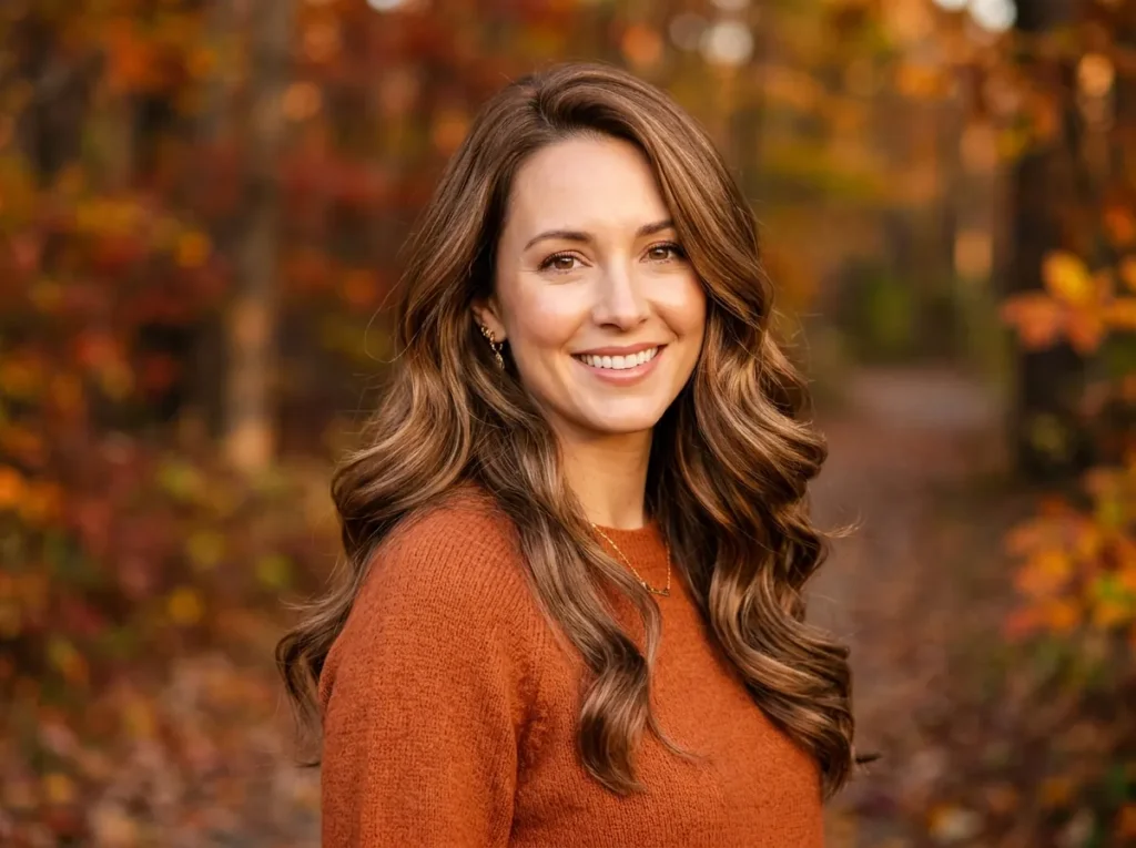 Fall-inspired toffee brown hair with soft loose waves and glossy shine.