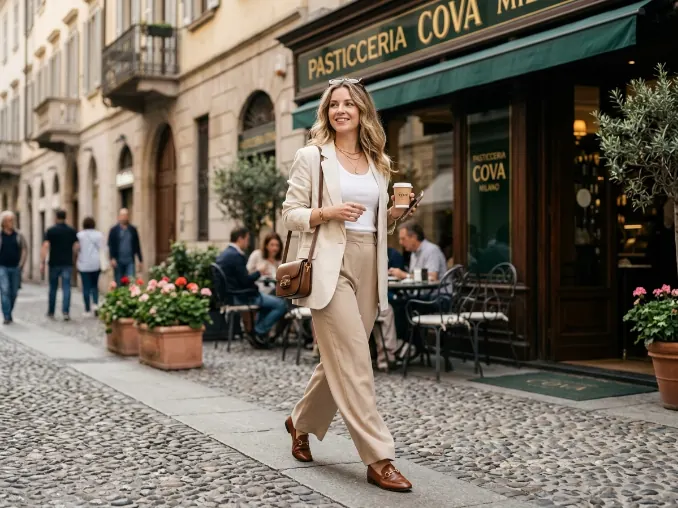 Traveler wearing a cream blazer with wide-leg trousers outside a stylish café.