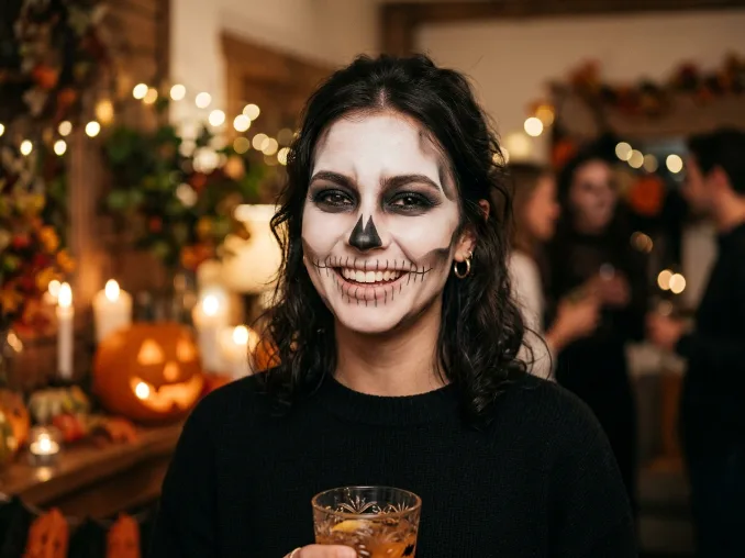 Woman wearing realistic skeleton face makeup with black and white detailing.