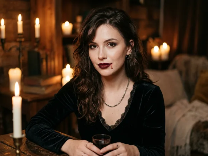 Woman wearing easy vampire makeup with dark lips and pale skin.