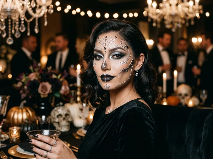 Woman wearing glamorous skull makeup decorated with sparkling rhinestones.