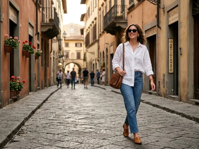 Italy travel outfit ideas featuring a chic white linen shirt, straight-leg jeans, and loafers in Florence.