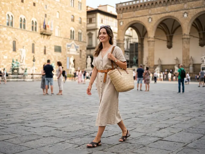 Traveler in a beige linen midi dress and flat sandals exploring an Italian piazza.