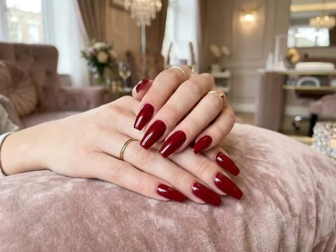 Red coffin nails ideas with a glossy classic manicure.