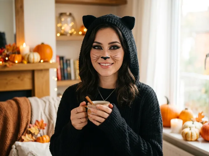 Simple Halloween makeup looks with classic black cat makeup featuring whiskers and winged eyeliner.