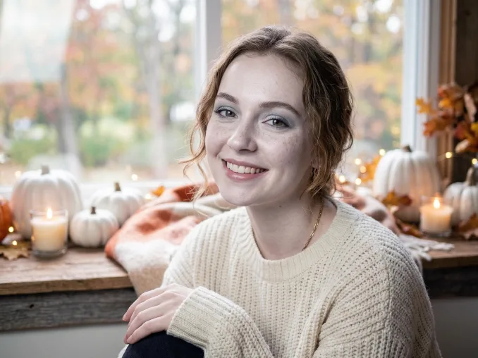 Woman wearing soft ghost-inspired face makeup with pale tones and subtle shimmer.