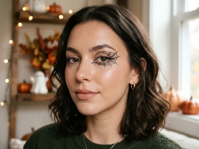 Close-up of delicate spider web eyeliner around one eye with natural makeup.
