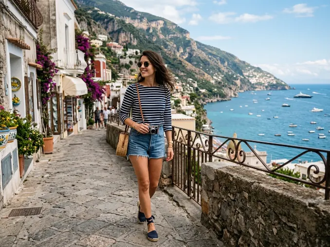 Striped T-shirt with denim shorts and espadrilles on the Amalfi Coast.