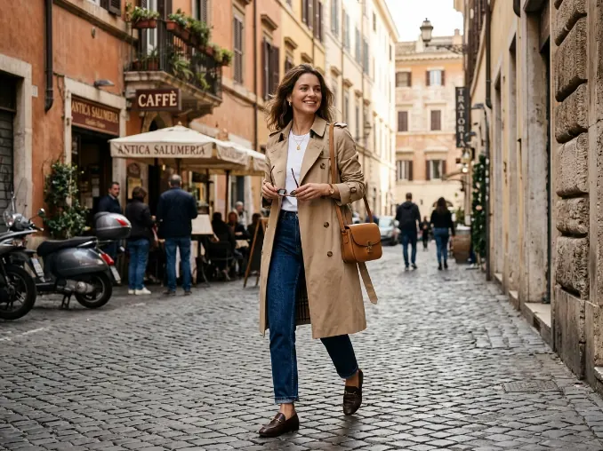Beige trench coat layered over jeans and loafers on a cool day.
