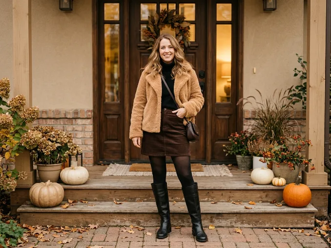 Woman wearing a tan shearling jacket with a corduroy mini skirt