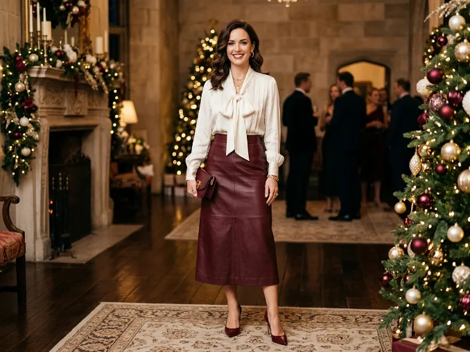 Burgundy leather midi skirt with ivory bow blouse for Christmas parties