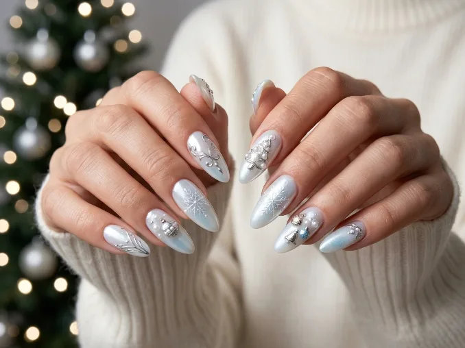 Elegant long Christmas nail designs for 2026 with icy pearl, chrome, and festive details