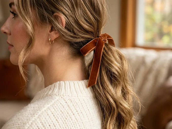 Cozy fall hairstyles with a cinnamon ribbon low ponytail