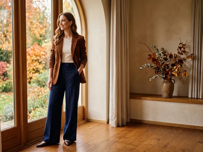 Woman wearing a brown corduroy blazer with wide-leg trousers