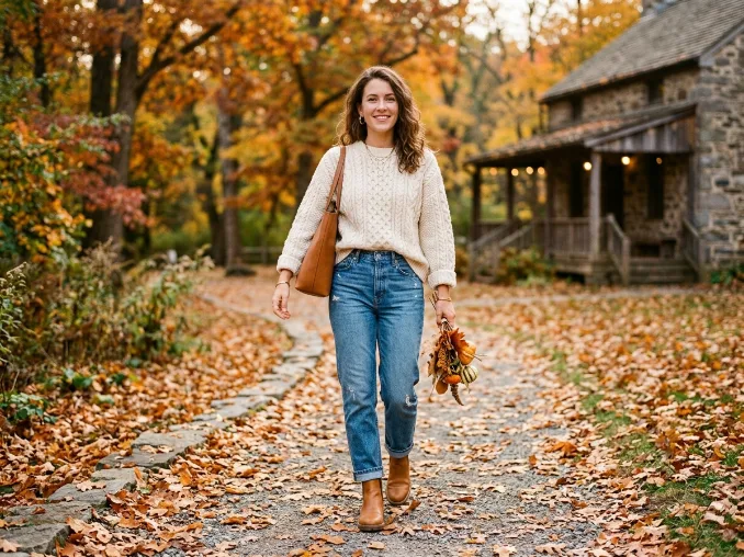 Cream cable-knit sweater with straight jeans for a casual Thanksgiving outfit
