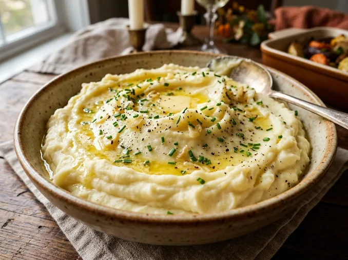Creamy garlic mashed potatoes topped with butter and fresh chives