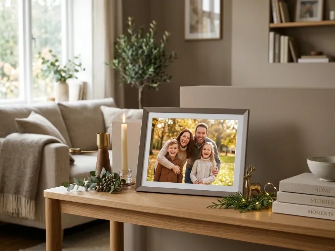 Digital photo frame displaying family memories as a holiday gift
