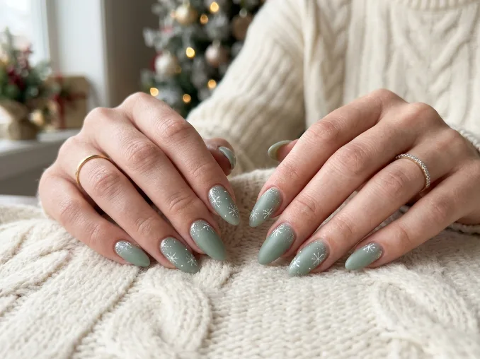Christmas nails 2026 with long sage green nails, frosted finish, and tiny winter details