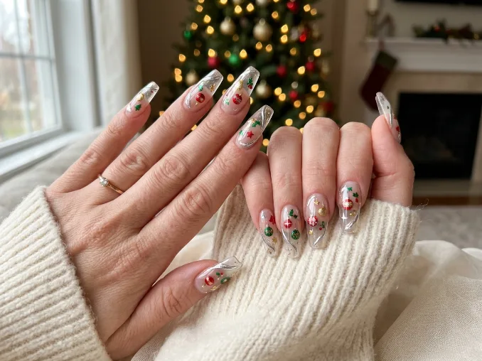 Long glass ornament Christmas nails with colorful chrome holiday details