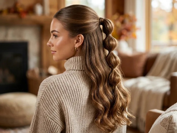 Half-up bubble ponytail hairstyle for fall
