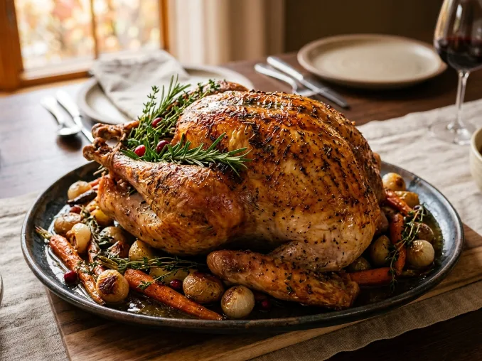 Herb butter roast turkey with crispy golden skin for Thanksgiving dinner