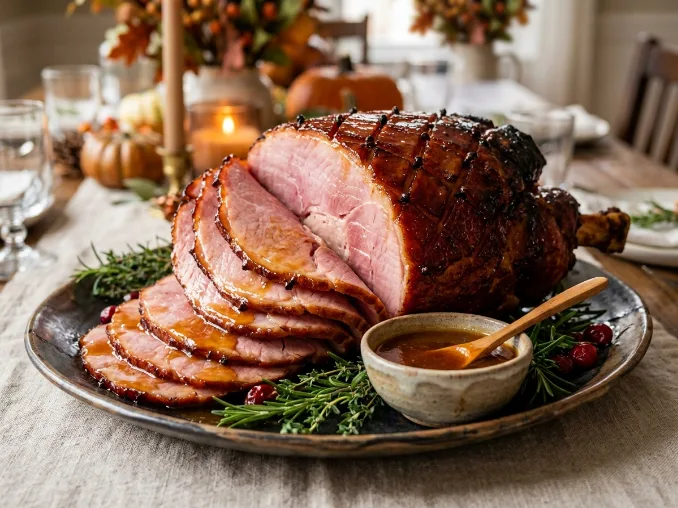 Maple glazed ham with a shiny caramelized crust for Thanksgiving