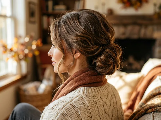 Messy low chignon with face-framing tendrils for fall