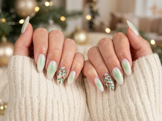Long green aura Christmas nails with dimensional mistletoe leaves and berries