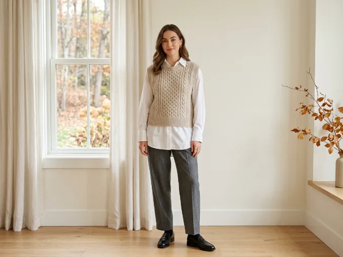 Woman wearing an oatmeal knit vest with a white button-up shirt