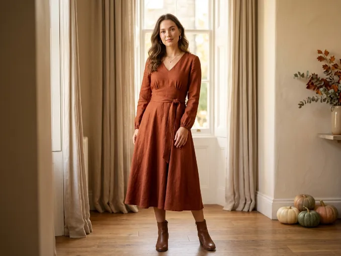 Beautiful woman wearing a rust midi dress for a casual Thanksgiving outfit