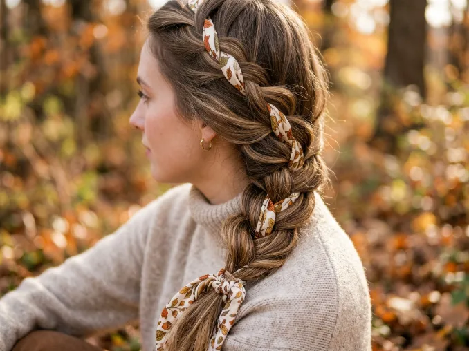 Scarf-wrapped side braid with a silk scarf for fall