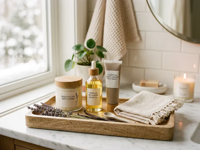 Self-care gift set with body cream bath oil and face mask