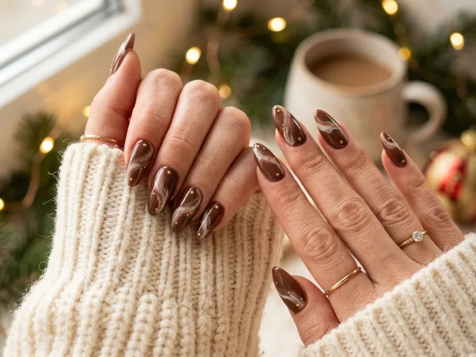 Long cocoa brown Christmas nails with creamy swirls and delicate gold accents