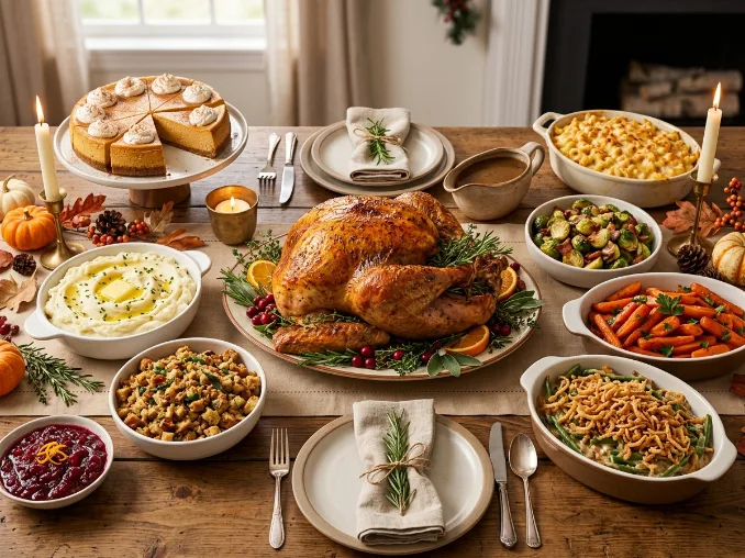 Thanksgiving dinner recipes with roast turkey on an elegant decorated table