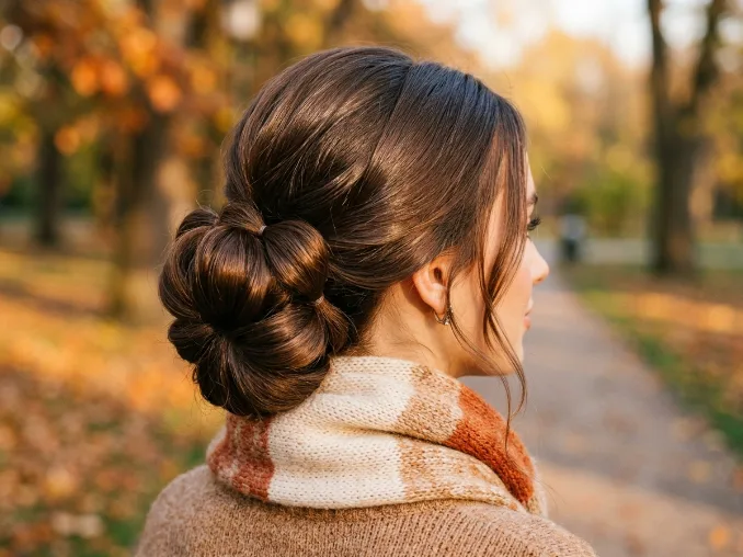 Cozy fall hairstyles with a voluminous bubble bun
