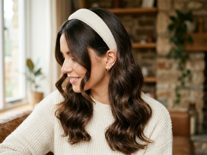 Cozy fall hairstyles with wide headband and natural waves